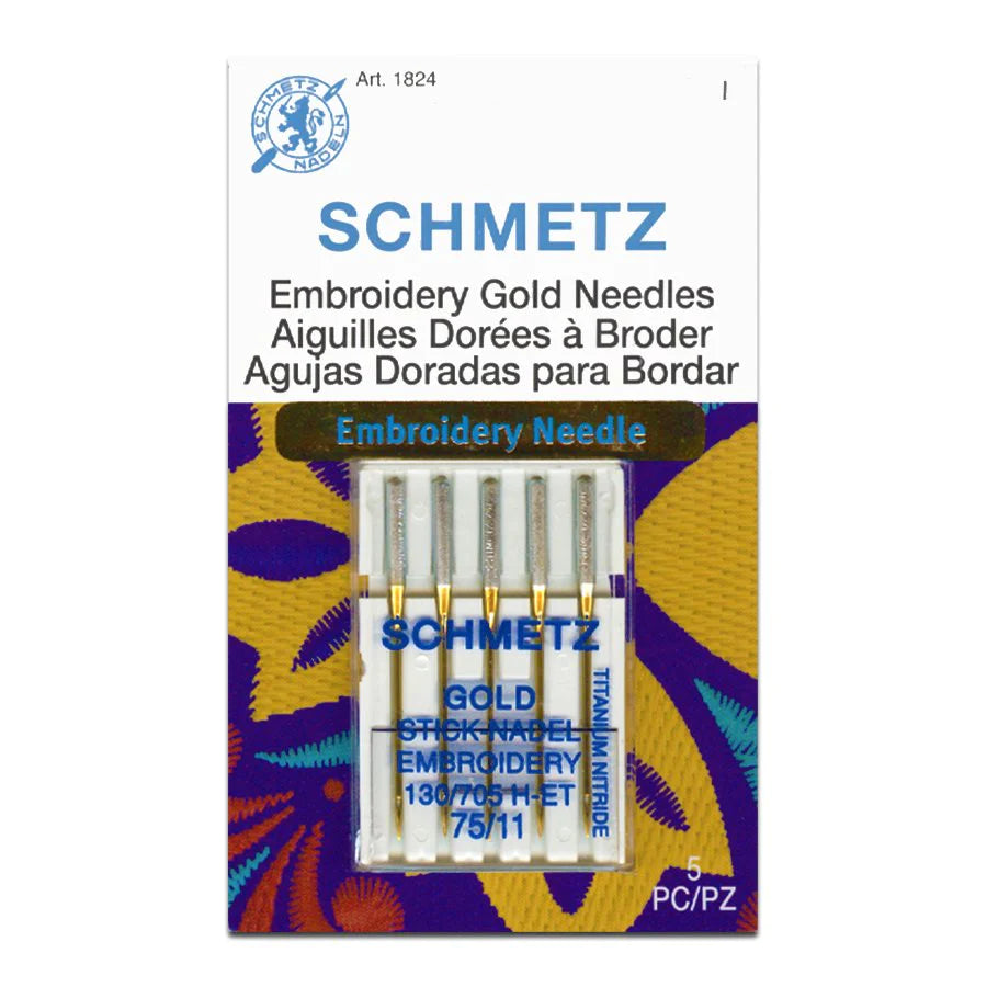 (S130/705H-ET-75) Aguja p/ Bordado Dorada Schmetz Paquete c/ 5 Piezas Calibre 75
